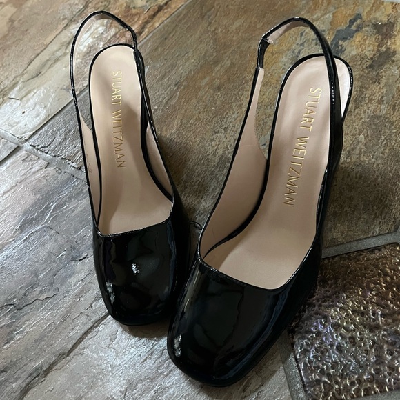 🍃💕NIB STUART WEITZMAN Curve 85 Black Patent Block Heel Slingback Pump Size 9.5 - Picture 9 of 16